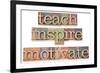 Teach, Inspire, Motivate - A Collage Of Isolated Words In Vintage Letterpress Wood Type-PixelsAway-Framed Art Print