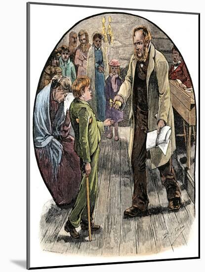 Teacher Awarding a Prize to a Boy with a Crutch, 1800S - Hand-Colored Woodcut of a 19Th Century Ill-null-Mounted Giclee Print