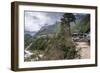 Teahouses along a trail next to river.-Lee Klopfer-Framed Photographic Print