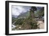 Teahouses along a trail next to river.-Lee Klopfer-Framed Photographic Print