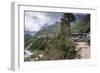 Teahouses along a trail next to river.-Lee Klopfer-Framed Photographic Print