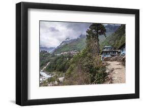 Teahouses along a trail next to river.-Lee Klopfer-Framed Photographic Print