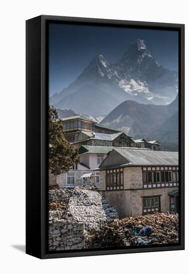 Teahouses with Mt. Ama Dablam in background.-Lee Klopfer-Framed Stretched Canvas
