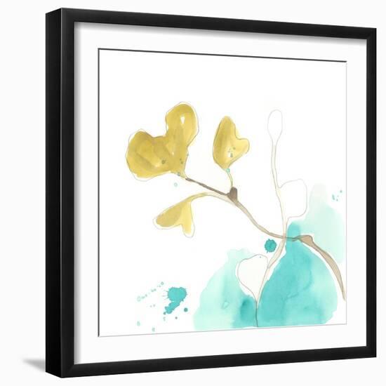 Teal and Ochre Ginko V-June Vess-Framed Art Print