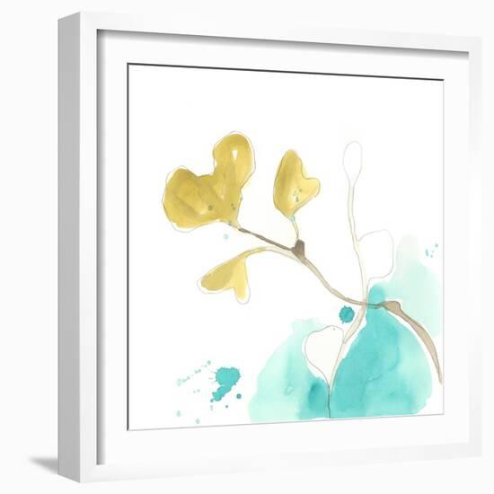 Teal and Ochre Ginko V-June Vess-Framed Art Print