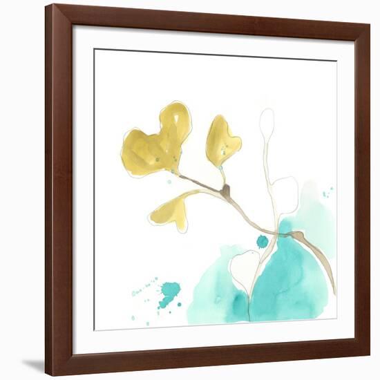 Teal and Ochre Ginko V-June Vess-Framed Art Print