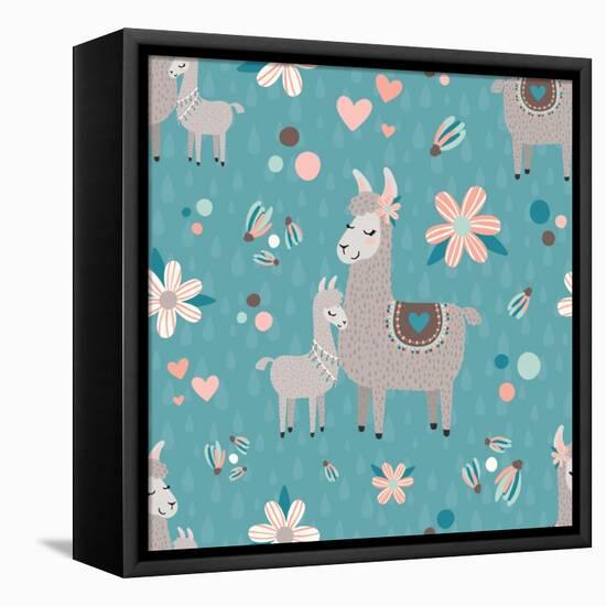 Teal Mama Llama Pattern-Lisa Norris Artworks-Framed Stretched Canvas