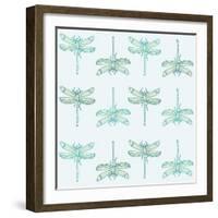 Teal Pattern with Dragonflies-ameu-Framed Art Print