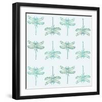 Teal Pattern with Dragonflies-ameu-Framed Art Print