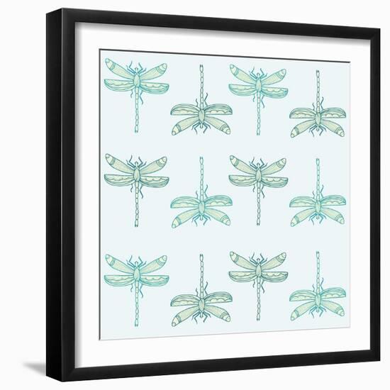 Teal Pattern with Dragonflies-ameu-Framed Art Print