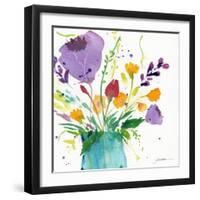 Teal Vase With Bright Flowers-Sheila Golden-Framed Art Print