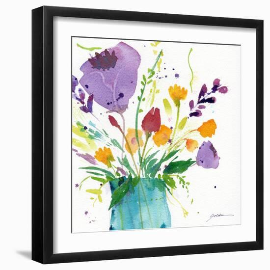 Teal Vase With Bright Flowers-Sheila Golden-Framed Art Print