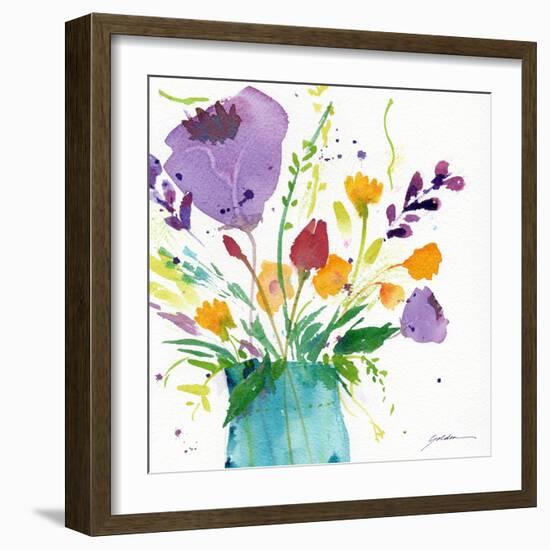 Teal Vase With Bright Flowers-Sheila Golden-Framed Art Print