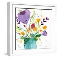 Teal Vase With Bright Flowers-Sheila Golden-Framed Art Print