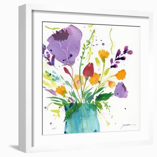 Teal Vase With Bright Flowers-Sheila Golden-Framed Art Print