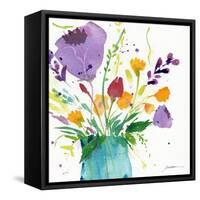 Teal Vase With Bright Flowers-Sheila Golden-Framed Stretched Canvas