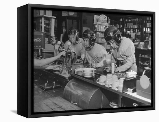 Teammates "Little Golds" Football Having Soda at Robertson's Drugstore-Francis Miller-Framed Stretched Canvas