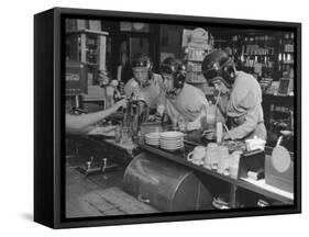 Teammates "Little Golds" Football Having Soda at Robertson's Drugstore-Francis Miller-Framed Stretched Canvas