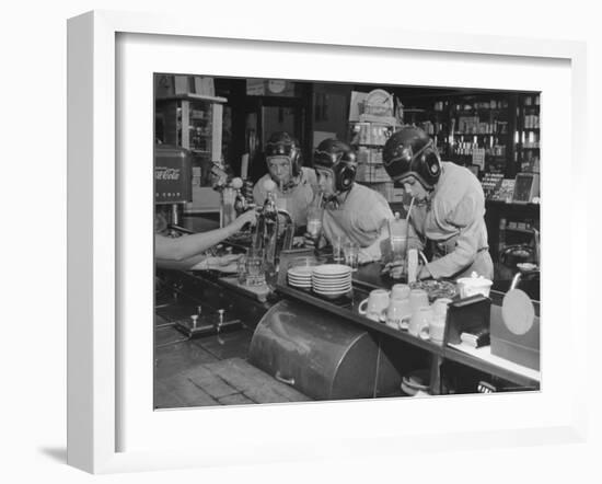Teammates "Little Golds" Football Having Soda at Robertson's Drugstore-Francis Miller-Framed Premium Photographic Print
