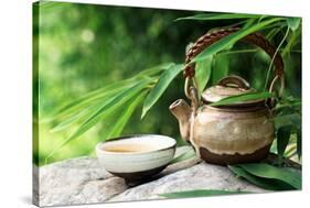 Teapot and Cups on Stone with Bamboo Leaves.-Liang Zhang-Stretched Canvas