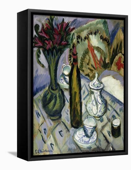 Teapot, Bottle and Red Flowers-Ernst Ludwig Kirchner-Framed Stretched Canvas
