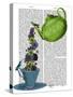 Teapot, Cup and Flowers, Green and Blue-Fab Funky-Stretched Canvas