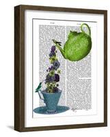 Teapot, Cup and Flowers, Green and Blue-Fab Funky-Framed Art Print