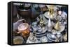 Teapots and Plates for Sale, Souk of the Medina, Marrakech, Morocco-Nico Tondini-Framed Stretched Canvas