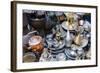 Teapots and Plates for Sale, Souk of the Medina, Marrakech, Morocco-Nico Tondini-Framed Photographic Print