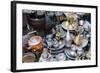 Teapots and Plates for Sale, Souk of the Medina, Marrakech, Morocco-Nico Tondini-Framed Photographic Print