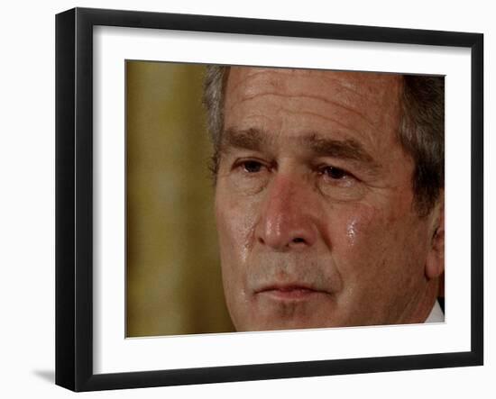 Tears Run Down President Bush's Face, Taking Part in a Medal of Honor Ceremony in the White House-null-Framed Photographic Print