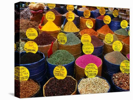 Teas and Spices at Spice Bazaar, Istanbul, Turkey-Greg Elms-Stretched Canvas