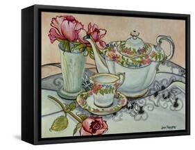 Teatime with Roses and a Cutwork Cloth-Joan Thewsey-Framed Stretched Canvas