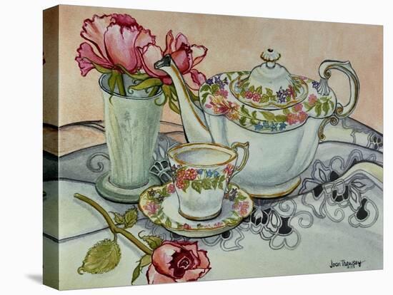 Teatime with Roses and a Cutwork Cloth-Joan Thewsey-Stretched Canvas