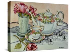 Teatime with Roses and a Cutwork Cloth-Joan Thewsey-Stretched Canvas