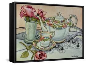 Teatime with Roses and a Cutwork Cloth-Joan Thewsey-Framed Stretched Canvas