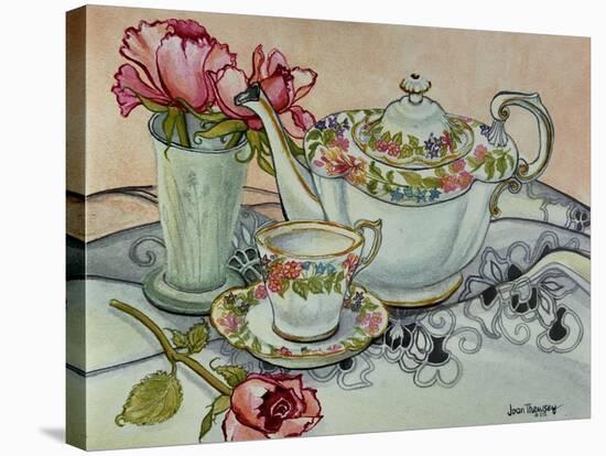 Teatime with Roses and a Cutwork Cloth-Joan Thewsey-Stretched Canvas