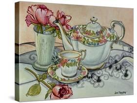 Teatime with Roses and a Cutwork Cloth-Joan Thewsey-Stretched Canvas