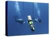 Technical Divers Ascend Near a Nitrox Stage Bottl-null-Stretched Canvas