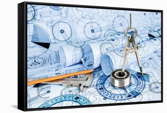 Technical Drawings with the Bearing in a Blue Toning-Andrey Armyagov-Framed Stretched Canvas