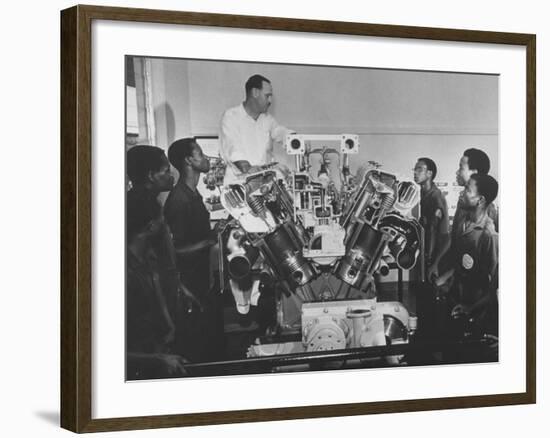 Technician Explains Diesel Engine to Students at Shell-British Petroleum Trade School-null-Framed Photographic Print