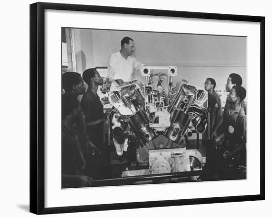 Technician Explains Diesel Engine to Students at Shell-British Petroleum Trade School-null-Framed Photographic Print