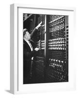 Technician Manipulating 1 of Hundreds of Dials on Panel of IBM's Room Size Eniac Computer-Francis Miller-Framed Photographic Print