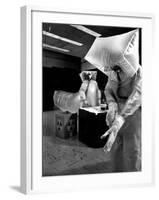 Technicians in Plastic Protective Suits and Face Masks Repair Pressure Valve at Atomic Energy Plant-Nat Farbman-Framed Photographic Print