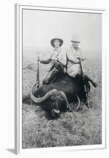 Teddy Roosevelt Sitting on Dead Water Buffalo with Rifle-null-Framed Premium Photographic Print