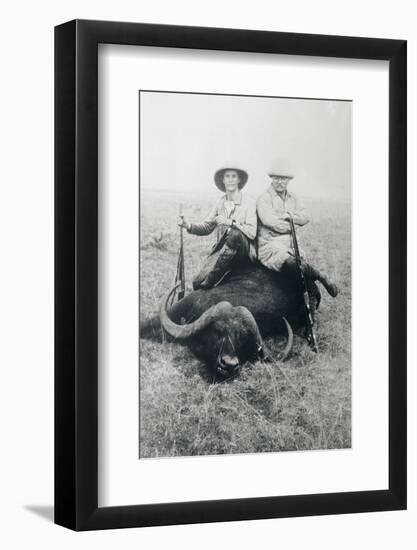 Teddy Roosevelt Sitting on Dead Water Buffalo with Rifle-null-Framed Photographic Print