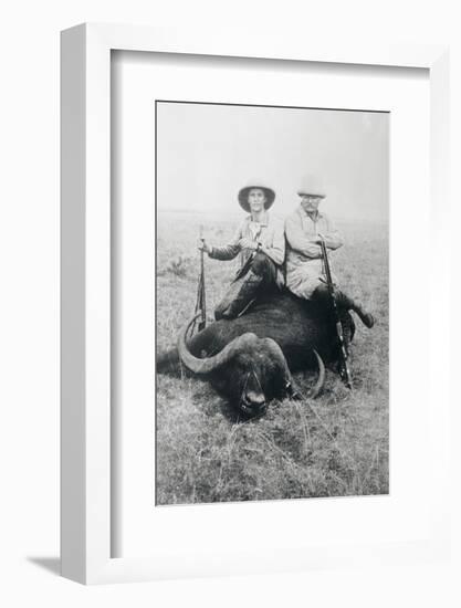 Teddy Roosevelt Sitting on Dead Water Buffalo with Rifle-null-Framed Photographic Print