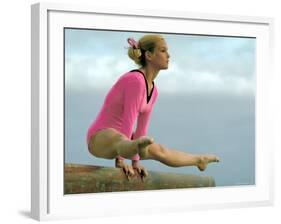 Teen Gymnast Cathy Rigby Performing on Balance Beam-John Dominis-Framed Premium Photographic Print