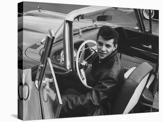 Teen Heartthrob Actor/Singer Frankie Avalon in Driver's Seat of His 1958 Pontiac Convertible-Peter Stackpole-Stretched Canvas