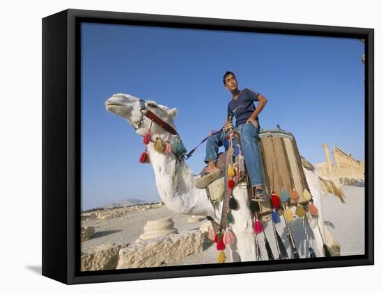 Teenage Boy on Camel in Front of the Great Colonnade, Palmyra, Syria, Middle East-Alison Wright-Framed Stretched Canvas